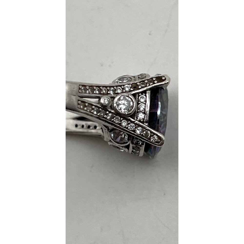 Sterling Silver Mystic Topaz Ring Sz 9 Rainbow 12mm Stone CZ Accents Art Deco - Picture 12 of 13